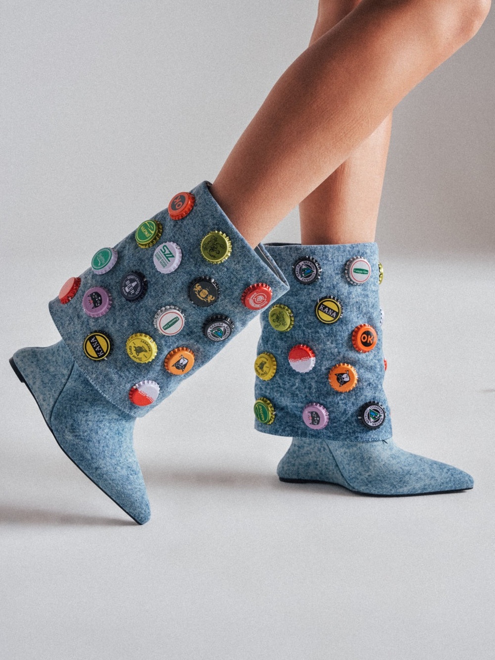 AZALEA WANG EAVEN WEDGE EMBELLISHED DENIM BOOTIE